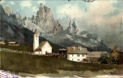 Künstler Ak Diemer, Z., Haus, Kirche, Gebirge