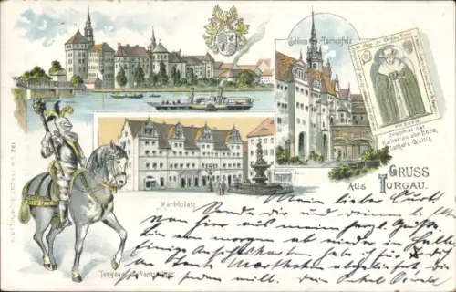 Litho Torgau an der Elbe, Gesamtansicht, Schloss Hartenfels, Marktplatz, Grabmahl Katharina v. Bora