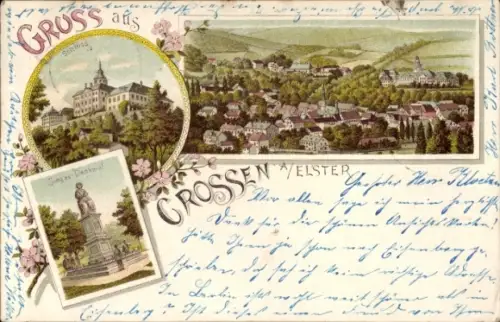 Litho Crossen an der Elster Thüringen, Gesamtansicht, Schloss, Sieges-Denkmal