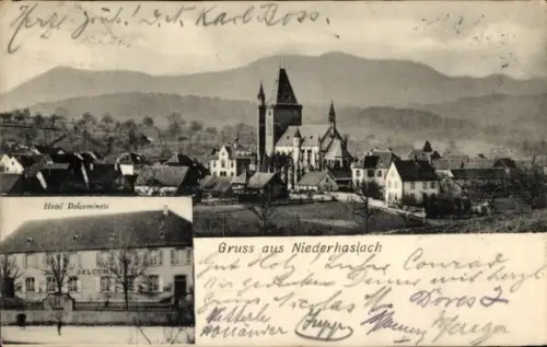 Ak Niederhaslach Elsass Bas Rhin, Gesamtansicht, Kirche, Hotel Delcominete