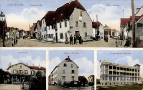 Ak Lutterbach Elsass Haut Rhin, Hauptstraße, Runsstraße, Bahnhof, Neues Viertel, Sanatorium