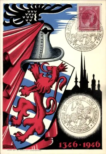 Künstler Wappen Ak Mehlen, Luxemburg, Rückkehr aus der Asche 1946, Jean L'Aveugle