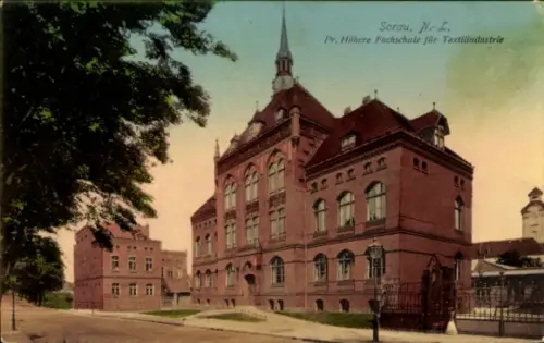 Ak Żary Sorau Niederlausitz Ostbrandenburg, Pr. Höhere Fachschule für Textilindustrie, histori...
