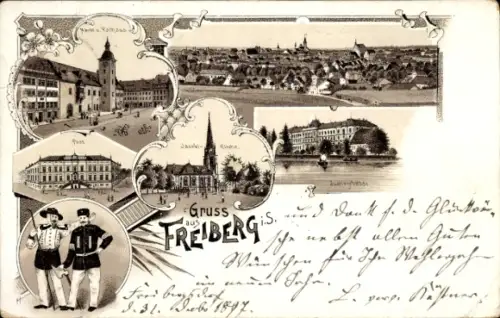 Litho Freiberg in Sachsen, Jacobikirche, Post, Rathaus, Totale