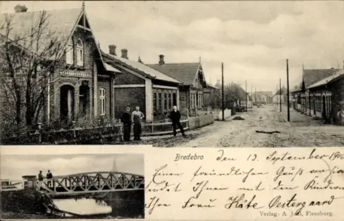 Ak Bredebro Dänemark, Straßenansicht mit Häusern, Brücke, zwei Personen
