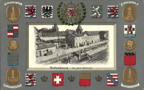 Ak Bettemburg Bettembourg Luxemburg,  Bahnhofsgebäude, Wappen, Flaggen