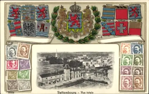 Ak Bettemburg Bettembourg Luxemburg, Luxemburg, Wappen, Farbige Briefmarken, historische Gebäude