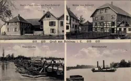 Ak Schœnau Schoenau Schönau Elsass Bas Rhin, Gasthof zum Stern, Mühle von Sigwald, Dampfer