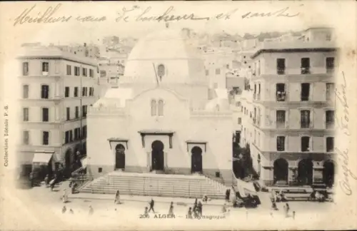 Ak Algier Alger Algerien, Synagoge, Blick auf Gebäude, Personen, historische Architektur