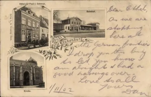 Ak Cranenburg Kranenburg am Niederrhein, Hotel zur Post, Bahnhof, Kirche, Verlag L. A. Knipping
