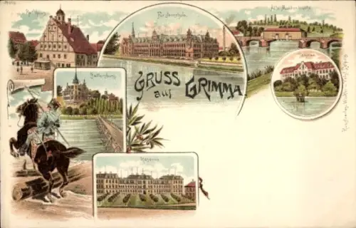Ak Grimma in Sachsen,  mit Ansichten von  Kunst-Illustrationen, Wasserlandschaft