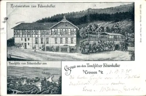 Ak Tauchlitz Crossen an der Weißen Elster Thüringen, Restauration zum Tauchlitzer Felsenkeller