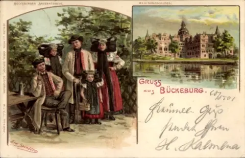 Künstler Litho Spindler, Erwin, Bückeburg im Kreis Schaumburg, Familie in Tracht, Schloss
