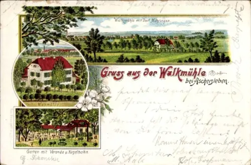 Ak Mehringen Aschersleben im Salzlandkreis, Walkmühle, Dorf Mehringen, Garten, Veranda, Kegelbahn