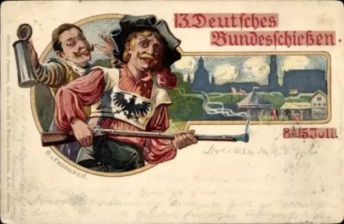 Ak Dresden, Flugplatz Heller, 13. Deutsches Bundesschießen, zwei Männer in r Kleidung, Gewehr, La