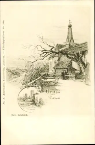Künstler Ak Schleich, Rob., Pullach im Isartal, Burg Schwaneck, Ortsansicht mit Kirche