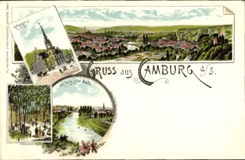Ak Camburg an der Saale Thüringen, Stadtansicht  verschiedene kleine Ansichten, Felder und Bäume