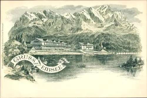 Litho Grainau in Oberbayern, Eibsee, Blick über den See