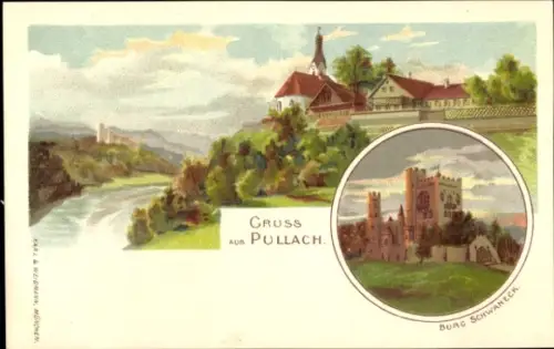 Litho Pullach im Isartal Oberbayern, Gesamtansicht, Burg Schwaneck