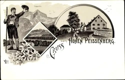 Litho Hohenpeißenberg Peißenberg Oberbayern, Zugspitzer, Wanderer, Gasthof