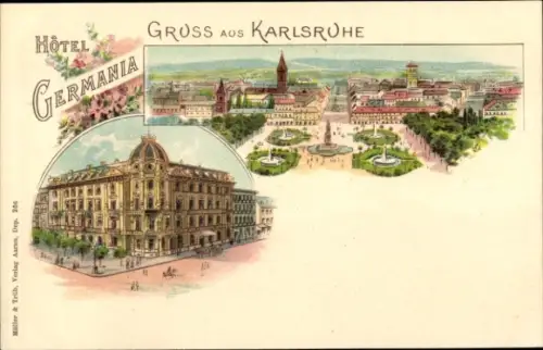 Ak Karlsruhe in Baden, Hotel Germania, Stadtansicht  Blumenornament, Akwarell-Stil