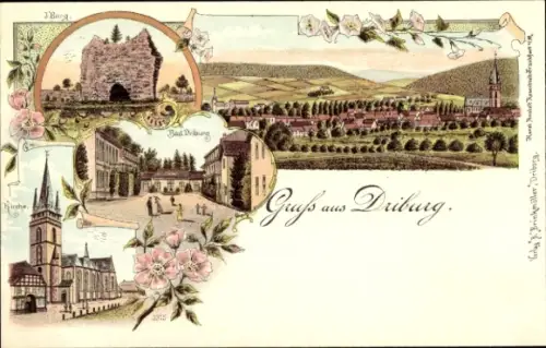 Litho Bad Driburg in Westfalen, Kirche, Burgruine, Totalansicht