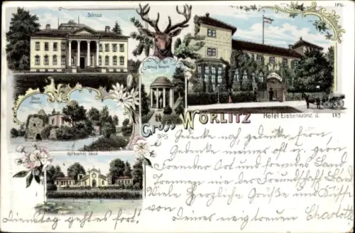 Ak Wörlitz in Anhalt, Wörlitzer Park,  mit Hotel Erchenkranz,  Landschaftsansichten, Blumen, Hirs