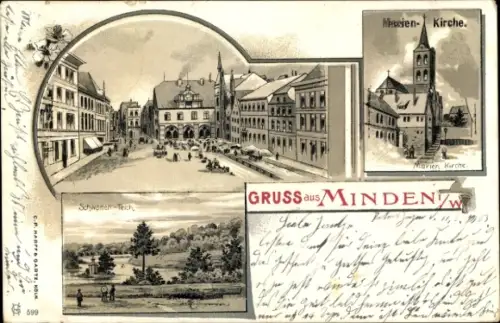 Ak Minden in Westfalen, Marktplatz, Minden-Kirche, Marienkirche, Schwanenteich