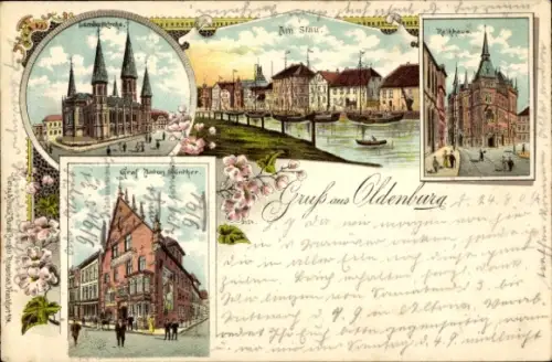 Litho Oldenburg im Großherzogtum Oldenburg, Lambertikirche, Am Stau, Rathaus, Graf Anton Günther