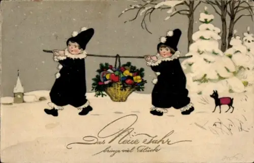 Künstler Ak Baumgarten, Fritz, Fröhliches Neujahr, Harlekine tragen Gabenkorb, Meissner & Buch 2910