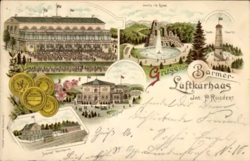 Litho Barmen Wuppertal in Nordrhein Westfalen, Luftkurhaus, Garten und Ruine, Bahnhof