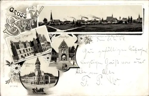 Litho Salzwedel in der Altmark, Amtsgericht, Steintor, Beckmanns Hotel, Panorama vom Ort