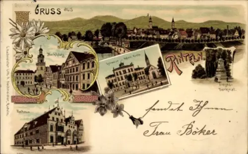 Litho Rinteln an der Weser, Marktplatz, Rathaus, Gymnasium, Kirche, Siegesdenkmal, Panorama