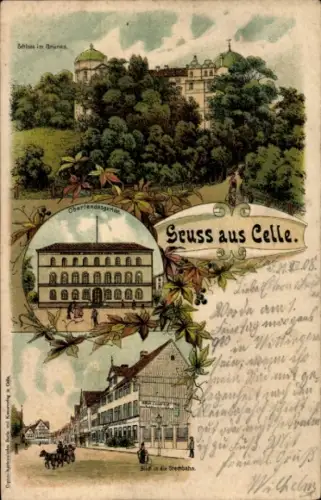 Litho Celle in Niedersachsen, Schloss im Grünen, Oberlandesgericht, Blick in die Stechbahn