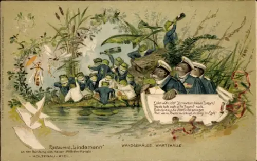 Ak Holtenau Kiel, Restaurant Lindemann, Wandgemälde Wartehalle, Vermenschlichte Tiere, Frösche
