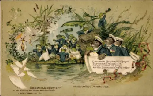Ak Holtenau Kiel, Restaurant Lindemann, Wandgemälde Wartehalle, Vermenschlichte Tiere, Frösche