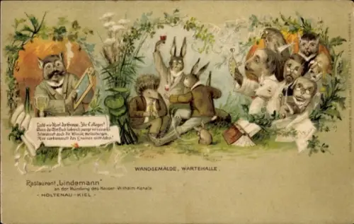 Litho Holtenau Kiel in Schleswig Holstein, Restaurant Lindemann, Wandgemäle, vermenschlichte Tiere