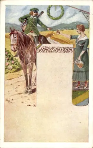 Künstler Ak Wien 1 Innere Stadt Österreich, Wirtin reicht Musiker auf Pferd ein Bier