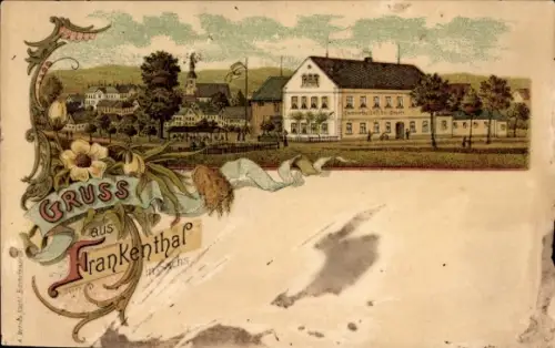 Litho Frankenthal in der Lausitz Sachsen, Gasthof, Blumenornament