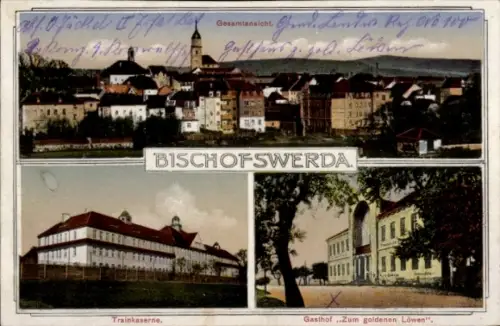 Ak Bischofswerda in Sachsen, Gesamtansicht, Trainkaserne, Gasthof zum goldenen Löwen