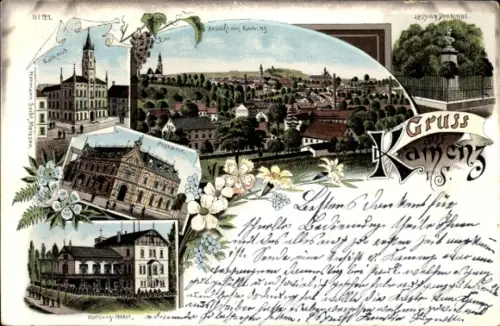 Litho Kamenz Sachsen, Lessing Denkmal, Rathaus, Postamt, Hutberg Hotel, Totalansicht