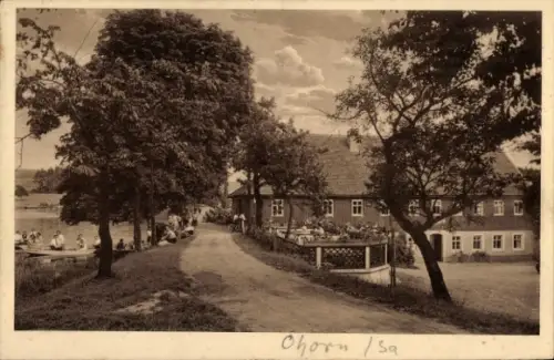 Ak Ohorn in Sachsen, Restaurant Obermühle, idyllische Landschaft, Weg zur Mühle, Bäume, Wolken