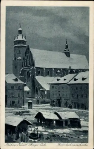 Künstler Ak Kraków Krakau Polen, Fronleichnamskirche, Winter
