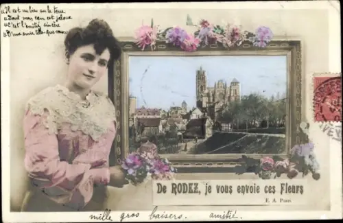 Passepartout Ak Rodez Aveyron, Vue générale, Cathedrale, Fleurs