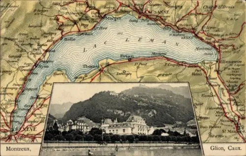 Ak Montreux Kanton Waadt Schweiz, Karte vom Genfersee, Montage von  Glion, Caux