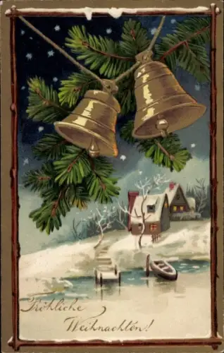 Präge Ak Glückwunsch Weihnachten, Ortsansicht, Boot am Ufer, Glocken, Tannenzweige