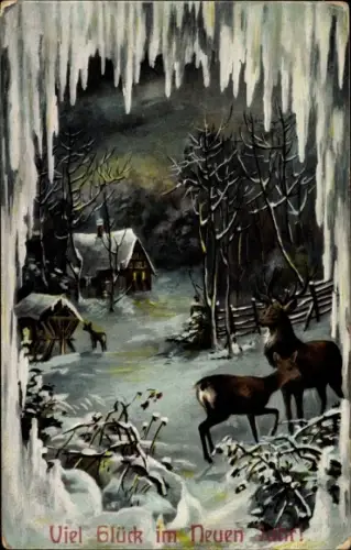 Ak Glückwunsch Neujahr, Dorf, Waldtiere-Fütterung, Reh, Hirsch
