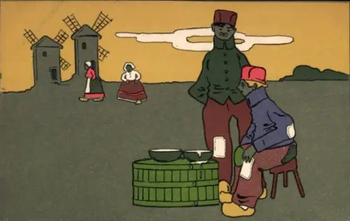 Ak Niederlande, Menschen in Tracht, Windmühle