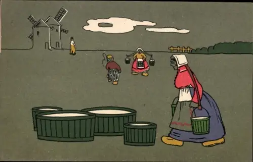 Ak Niederlande, Menschen in Tracht, Windmühle, Wasserträgerin