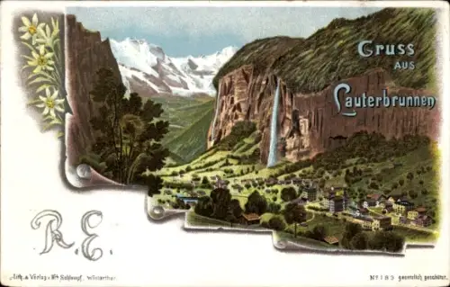 Litho Lauterbrunnen Kanton Bern, Gesamtansicht, Wasserfall